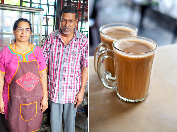 Husband-and-wife team, Batumalai A/L Palanigoundan and Malligai have operated this stall for about 25 years (left). Order a glass of teh tarik or two, to enjoy its creamy, not sweet taste (right).