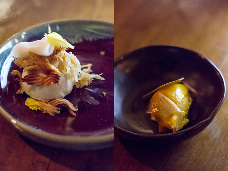 “Coconut”: banana leaf infused coconut ice cream, dessicated coconut, candied coconut and mochi (left). “Season of Mango”: Maha-chanok mango sorbet infused with pandan, cubed green mango and mango chips (right).