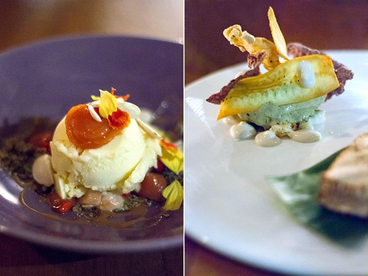 Milky Fresh is an unusual pairing of goat milk with mangosteen (left). Sweet Thai Smoke gets is fragrance from toasted rice marshmallow and burnt banana leaf ice cream (right).