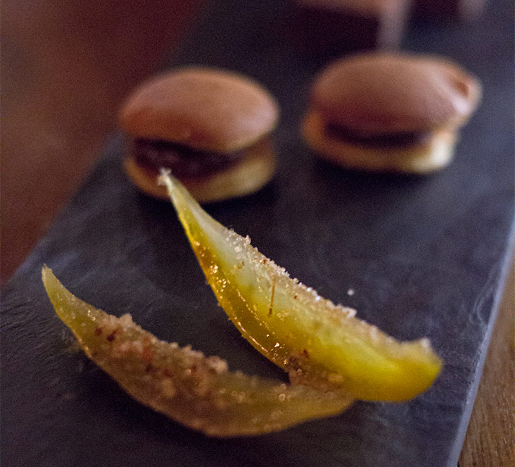 Green mango candy with sea salt is one of the creative petit fours.