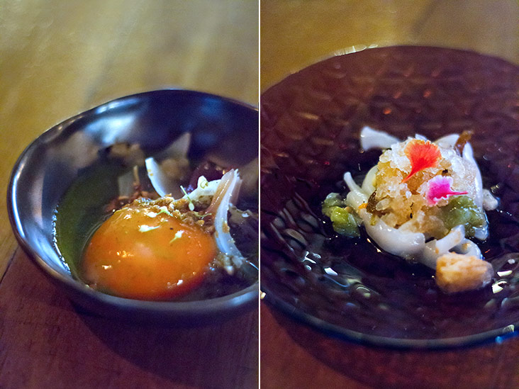 Poached duck egg with pea purée and spicy shallot jam (left). Torched squid with tangy gooseberry granita (right).