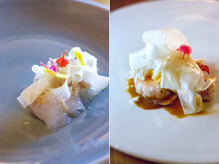 Red grouper crudo, ant egg vinaigrette, wild almonds and papaya salad (left). Chargrilled tiger prawns with fresh hearts of palm, fresh lychee, lychee vinaigrette and prawn sauce (right).