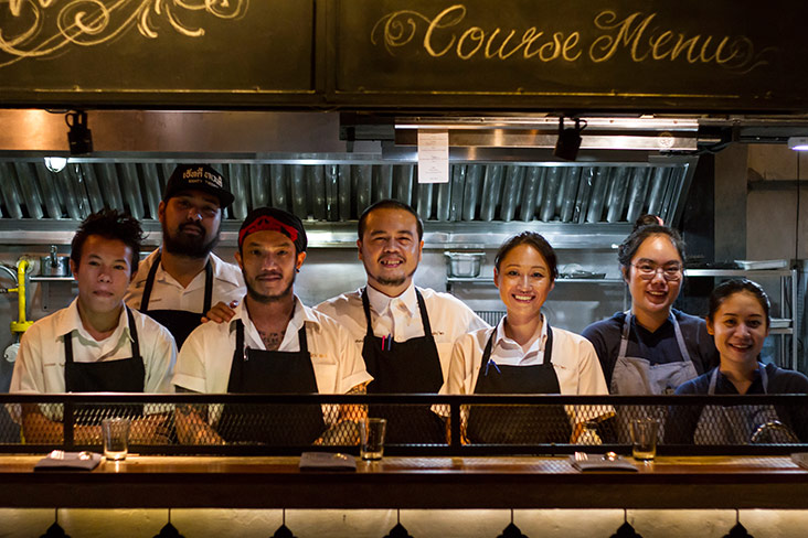 Executive chef Napol “Joe” Jantraget (fourth from left), pastry chef Saki Hoshino (fifth from left) and the team at 80/20.