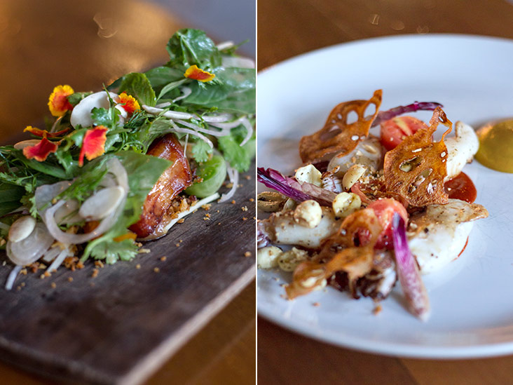 “Kung-Foo” Salad: red tail catfish with seasonal herbs and greens, wild almonds and fermented crab sauce (left). Pan grilled squid, turmeric purée, smoked tomato, roasted lotus seeds, lotus root chips, pickled Siam tulip and a som-kak maeng-da vinaigrette (right).