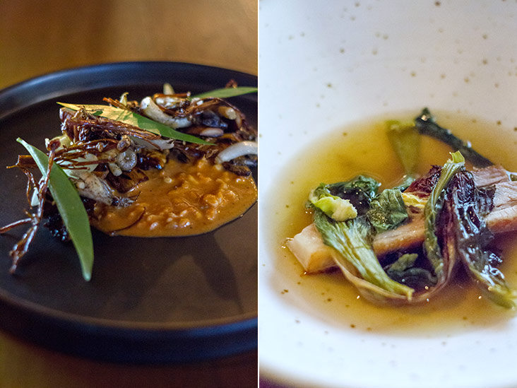 Charcoal grilled milky mushrooms, dehydrated enoki, crispy crickets, smoked onion, sour leaves and ant eggs vinaigrette (left). Tom jap chai, reimagined: slow cooked pork belly, dehydrated vegetables and pork consommé (right).