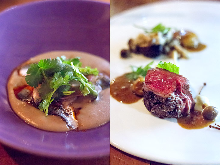 Cured smoked sardines go well with “albino” curry (left). Tenderloin with oysters, oyster jus and mushrooms (right).