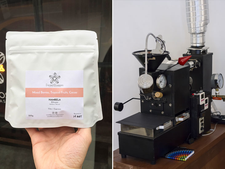 The natural processed Ethiopia Hambela from Sweet Blossom Coffee Roasters is full of fruity flavours (left). Ang uses a Cube 600 direct fire drum roaster for small coffee roasting (right)