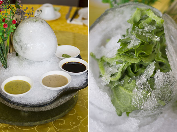 The showstopping cold starter of ice vegetables or lěng bàn shuǐjīng bīng cài (left). Crack open the ice globe to uncover the bīng cài or crystalline ice plant (right)