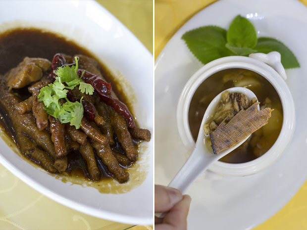 Melt-in-your-mouth tender Hainanese chicken feet (lǔ jī zhuǎ) (left). Double-boiled chicken consommé with fresh Chinese yam, wolfberries and tongkat Ali (right)