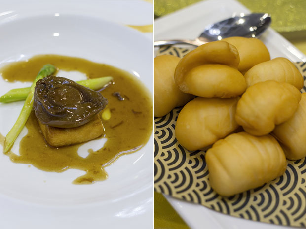 Braised four-head premium abalone, tofu and asparagus in oyster sauce (left). Deep-fried mántou buns are perfect for sopping up the crab gravy (right)