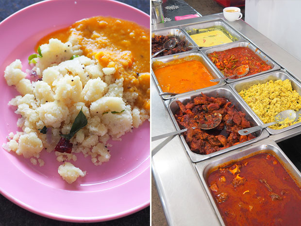 Breakfast is simple here, just a choice of fried noodles, putu, idli and uppuma with dhal(left). You can select from the counter what you’ll like with your banana leaf rice (right)