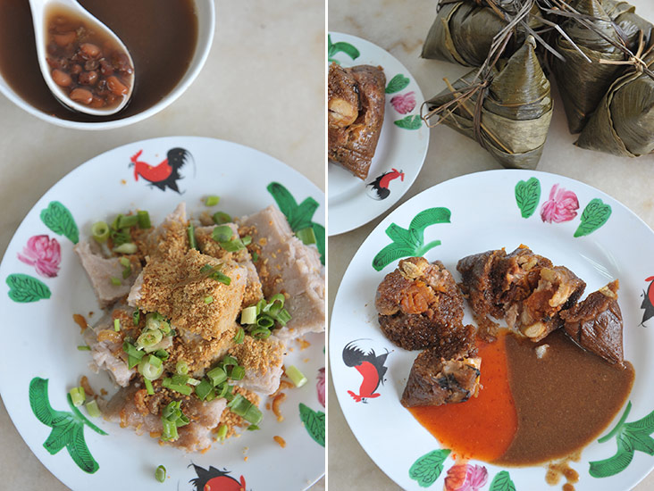 You can enjoy ang thau thng (red bean soup) with Cantonese-style or kueh (yam cake) here (left). The Hokkien bak chang has a darker hue, thanks to dark soy sauce that is added when they fry the glutinous rice (right).