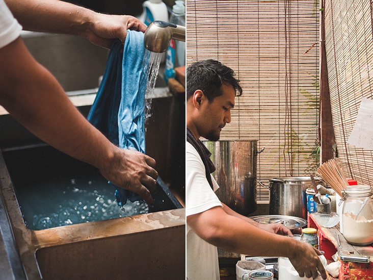 The dyed fabric is rinsed with water before they are hung to dry naturally (left). The dye materials are measured precisely with a scale to ensure the process (right).