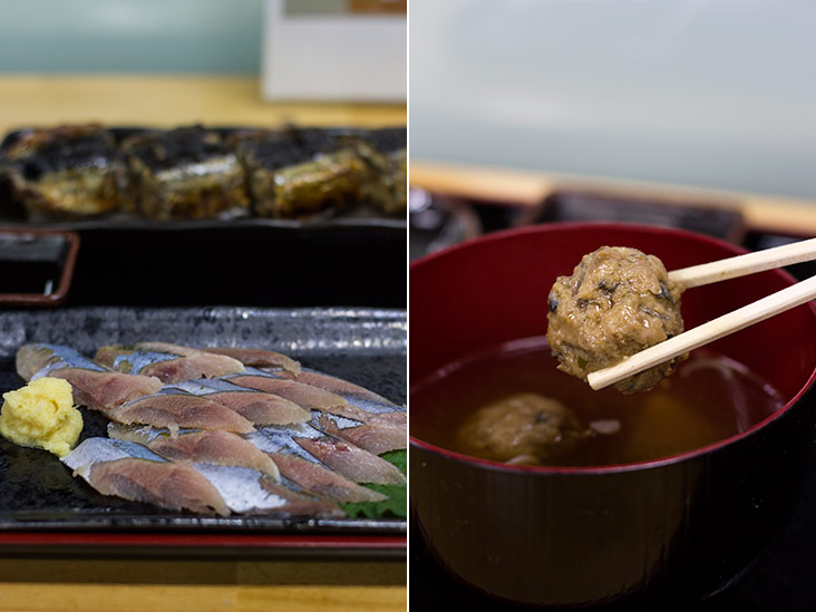 Sanma sashimi (front) and charcoal-grilled sanmanma (back) (left). Bouncy sanma fish balls in a delicate broth (right).