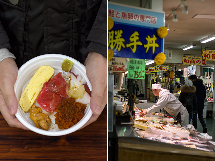 Katte don, a “make your own” sashimi rice bowl (left). Besides fresh seafood, Washo Market also has a wide variety of dried seafood (right).