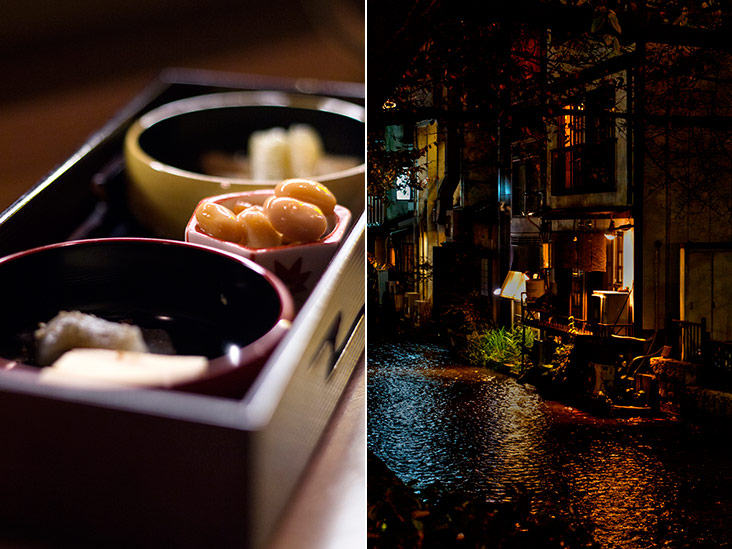 Comfort food: natto (fermented soybeans), stewed vegetables and fresh tofu (left). Many “midnight diners” line the banks of the Takase River (Takasegawa) (right).