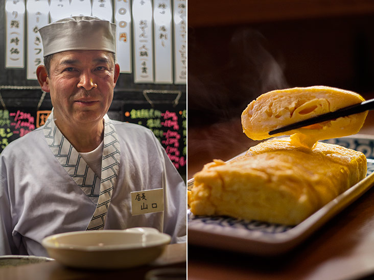 The solitary cook manning the izakaya, Yamaguchi-san (left). Freshly made tamagoyaki (sweet egg omelette) (right).