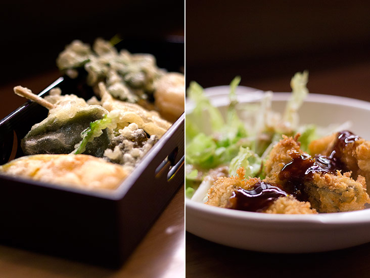 The diner’s signature tempura platter (left). Korokke (Japanese croquettes) with a drizzle of sweet and tangy tonkatsu sauce (right).