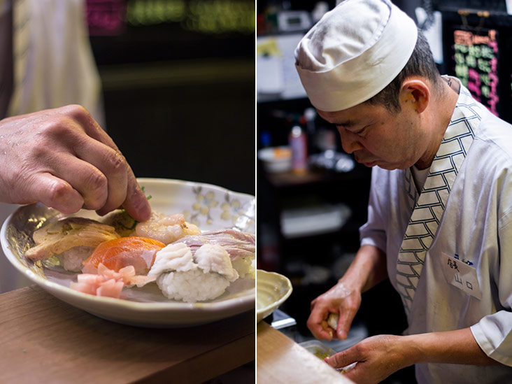 Every piece of sushi is shaped by hand (left). Yamaguchi-san taking his time to prepare the ingredients (right).
