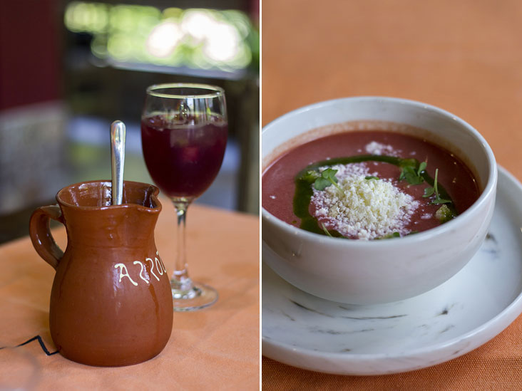 Sangria, a punch of chilled red wine and chopped fruits (left). Chilled tomato-cherry gazpacho topped with feta cheese (right)