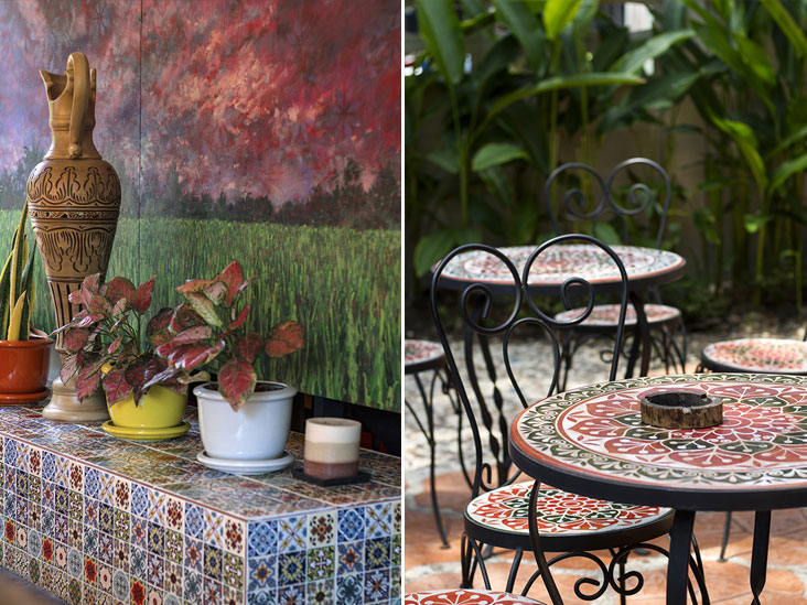 Artisanal pottery and hand-painted murals (left). Colourful garden tables for al fresco dining (right)