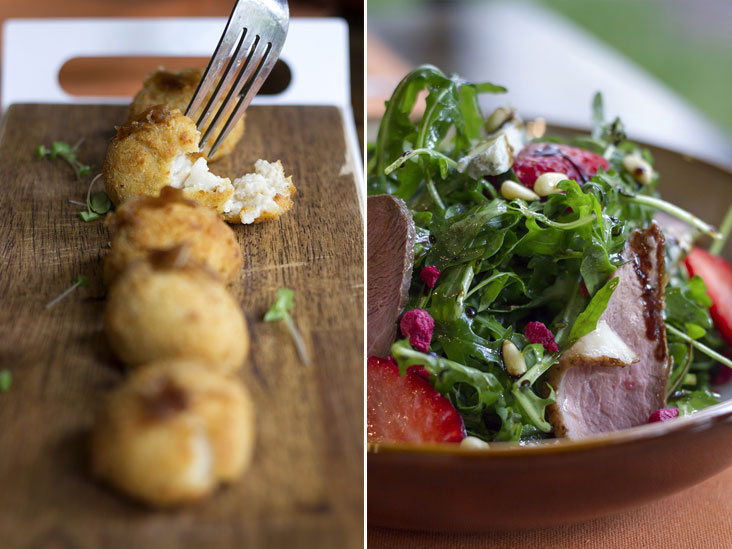 Croquettes filled with queso de Cabrales (left). Salad of rocket, duck breast, fresh strawberries, gorgonzola and pine nuts (right)