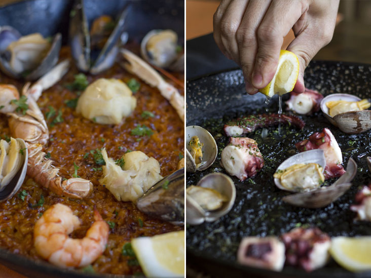 The always popular seafood paella (paella de marisco) (left). The black paella (paella negra) is a concoction of squid ink, octopus and clams (right)