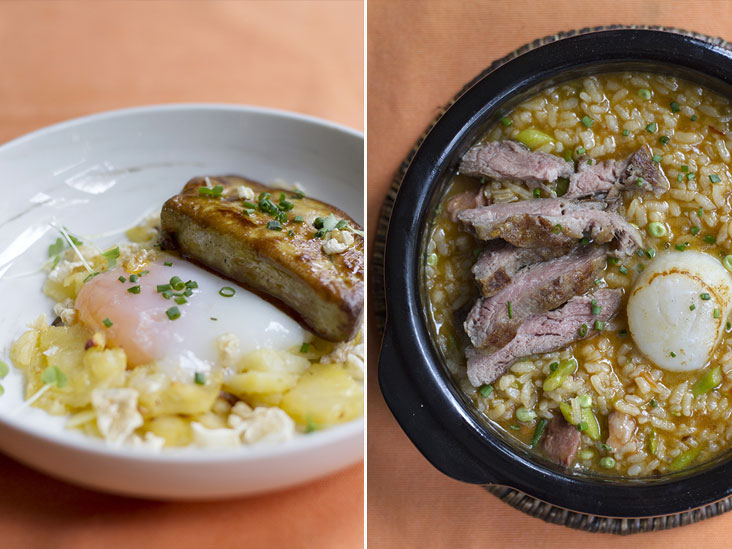 Huevos rotos (Spanish broken eggs) reinvented as a runny egg with pan-fried foie gras and potatoes (left). The sea (scallops) and the mountain (pluma Iberica pork) are represented in the arroz caldoso mar y muntanya (right)