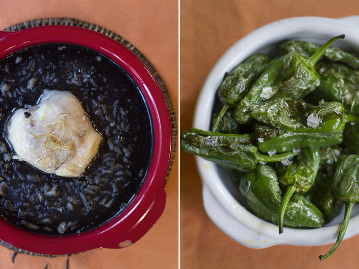 The arroz caldoso negra or black creamy rice with monkfish cheek (left). Emerald-green Padrón peppers (right)
