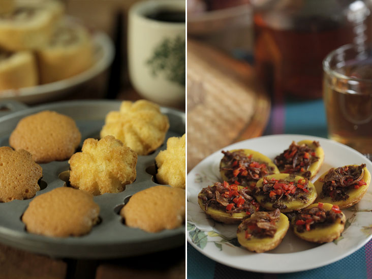 The bahulu may be the simplest to make but it’s hard to nail the dry, fluffy and very light texture (left). Kuih cara berlauk topped with minced beef, fried shallots and fresh cut chillies, makes the perfect savoury teatime bite (right)