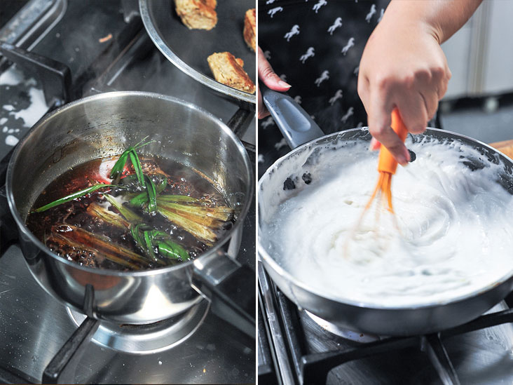 The gula Melaka syrup made by boiling the palm sugar with pandan leaves, can be best described as our local caramel sauce, maple syrup and sugar drizzle, all rolled in one (left). Master the som som recipe, the basis of the Malay rice floured base recipes (right)