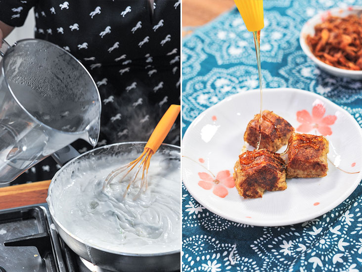 When you master making som som, you will learn how to deal with the rice flour mixture, which absorbs a lot of moisture (left). Add a drizzle of honey on arissa to get a slight sweet edge to the savouriness (right)