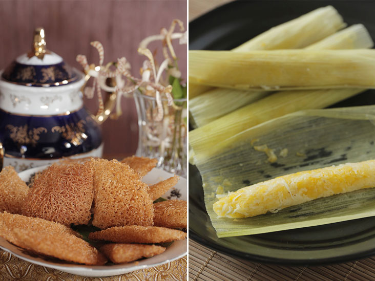 Who can resist this crispy kuih karas with its delicate, filigree strands with a caramelised sugar flavour! (left). The serak jagung is a mixture of freshly grated corn and coconut that is steamed in corn husks (right)