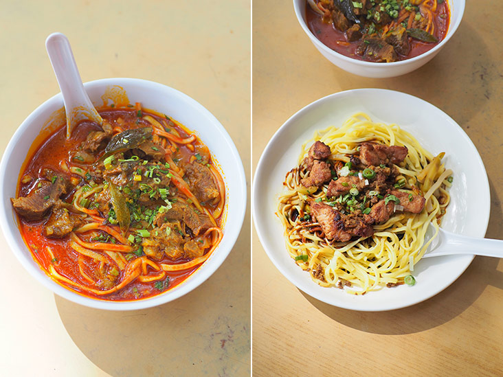 The curry noodles has tender pieces of Australian mutton and it is not overly spicy (left). A crowd favourite is their Xi Chuan pork chop noodles served with their own-made spicy chilli sauce (right).
