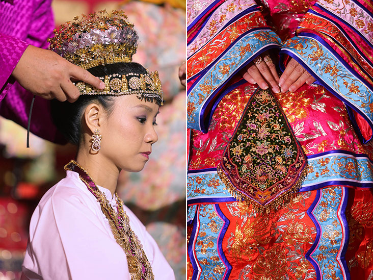 Putting on the elaborate bridal headgear (left). Intricate embroidery and bright colours decorate the bride's finery (right).