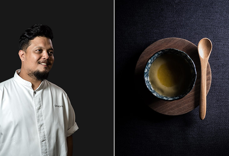 Darren Teoh is passionate about local, indigenous ingredients that are showcased in his restaurant, Dewakan (left). The mango curry remains as a mainstay in the menu as it holds a special meaning for Darren (right).