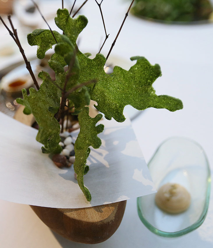 The choy sum reincarnated as a nori cracker takes centre stage as the first bite in Dewakan.