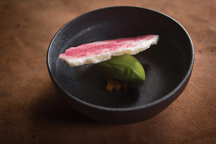 Sweet leaf (sayur manis) sorbet is paired with nam nam fruit and topped with dehydrated milk dusted with roselle powder.