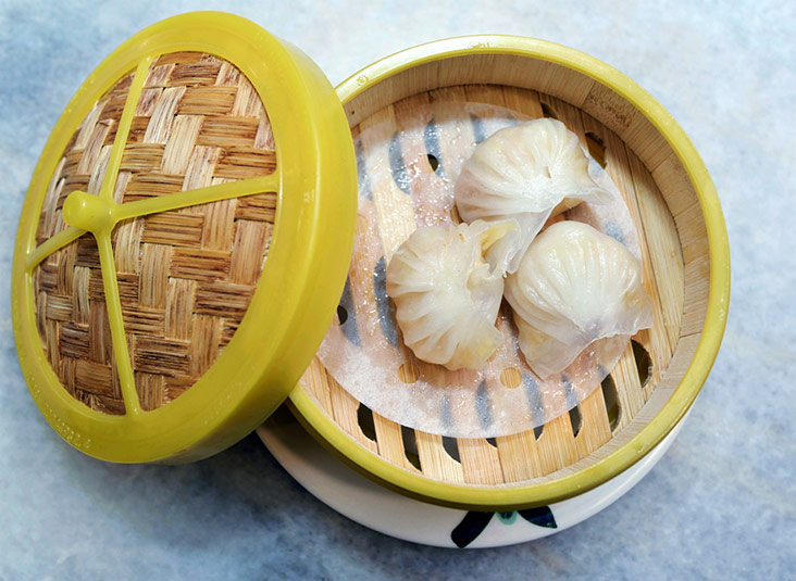 A staple for dim sum is har kaw filled with prawns.