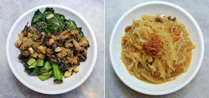 The obligatory kailan is perked up with these crunchy, savoury tasting mui choy (left). This simple, shredded yam bean is cooked with dried prawns and cuttlefish to give it extra flavour (right).