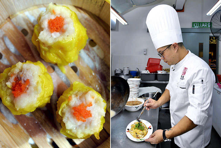 The siu mai served here has a nice bite its minced pork filling (left). Poached free range chicken with chicken soup is a signature recipe from DK Lee who took about one and half years to perfect it (right).
