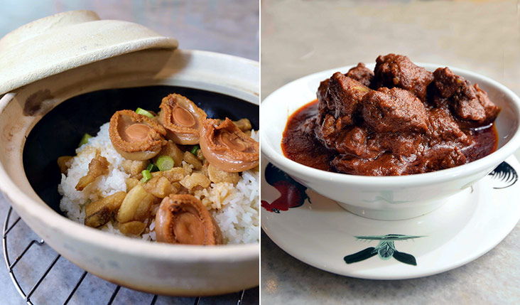 You’ll definitely want seconds for the Homemade Pork Rice topped with abalone (left). Try this curry pork ribs with a deep flavour made from their own spice paste (right).