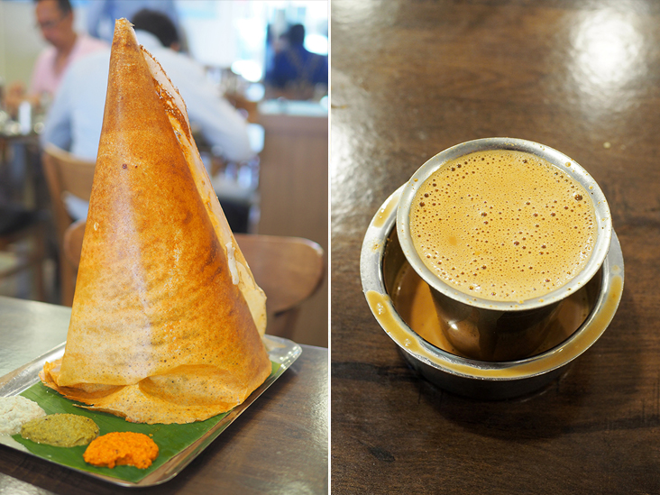 The ghee roast is an addictive choice with its crispy edges and the fragrant aroma of ghee (left). Sip on a hot Masala tea, after your satisfying meal (right)