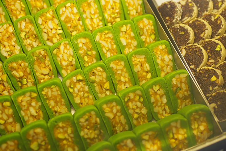 These eye catching sweets are known as diamond cakes which are filled with nuts