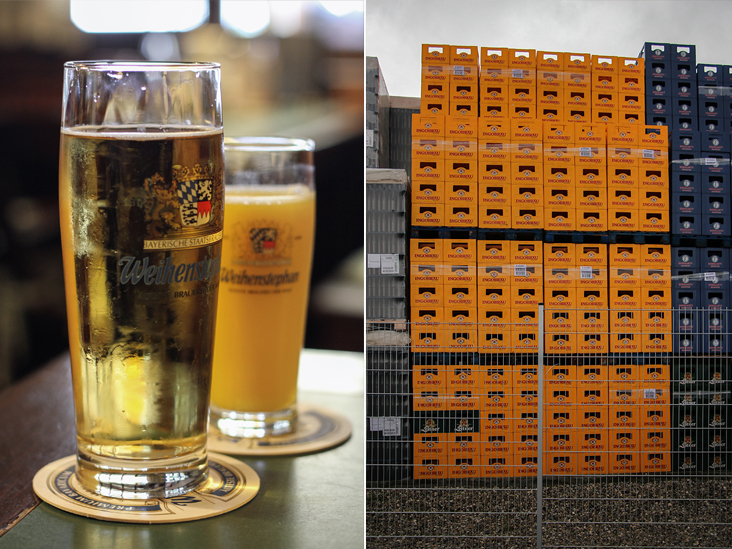 Toast each other by exclaiming “Prost!” )left). Mountains of beer crates at the brewery (right)
