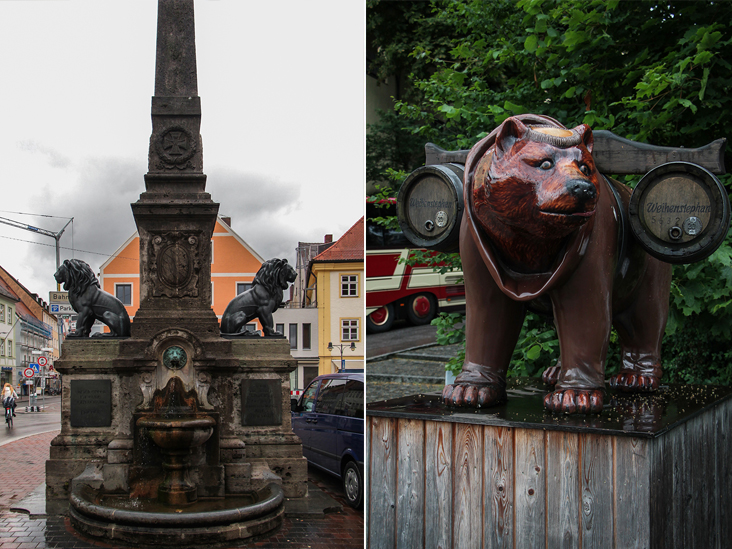The small town of Freising just north of Munich (left). Saint Corbinian’s saddled bear is part of Freising’s coat of arms (right)