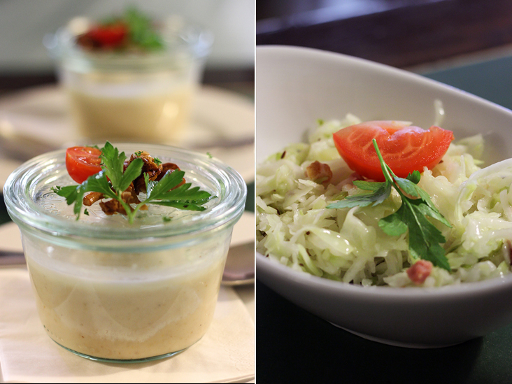 Cremesüppchen (cream soup with morels) (left). Käsespätzle, egg dumplings with fried onions and three types of cheeses