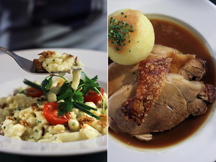 Gemischter Salatteller (mixed salad with yoghurt-sauerkraut dressing) (left). Bayrischer Schweinsbraten (Bavarian roast pork) with dark beer sauce and Kartoffelknödel (potato dumpling) (right)