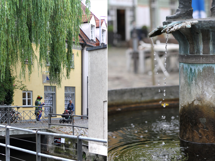 Small town life in Freising (left). A water fountain (right)