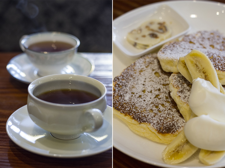 Cups of deep, dark brews (left). The made to order “Teppanyaki Fluffy Ricotta Pancake” (right)